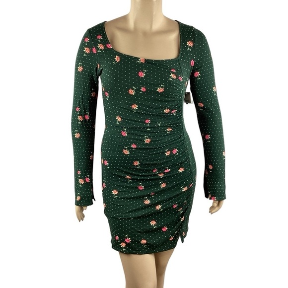 Free People Celia Mini Dress Emerald Jewel Combo Long Sleeve Ruched Size L - Picture 1 of 7